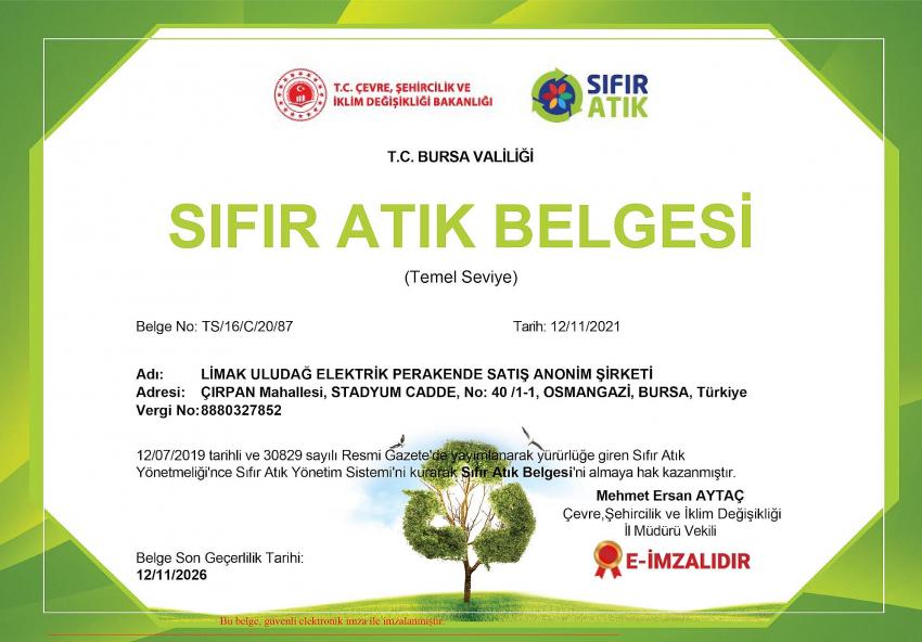 Limak Enerji Uludağ Elektrik, ‘Sıfır Atık Belgesi’ Almaya Hak Kazandı