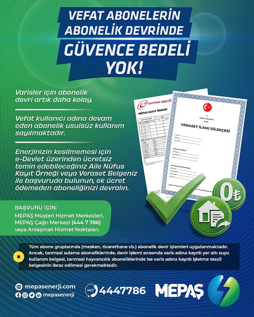 MEPAŞ ’tan Vefat Eden Abonelerin Yakınlarına Abonelik Devir Kolaylığı
